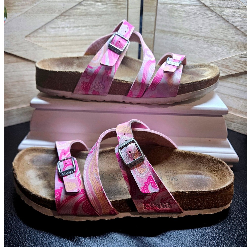 Birki's Pink‎ Paisley Slide Sandals Women 38 Unicorn Girl Cork Footbed #622